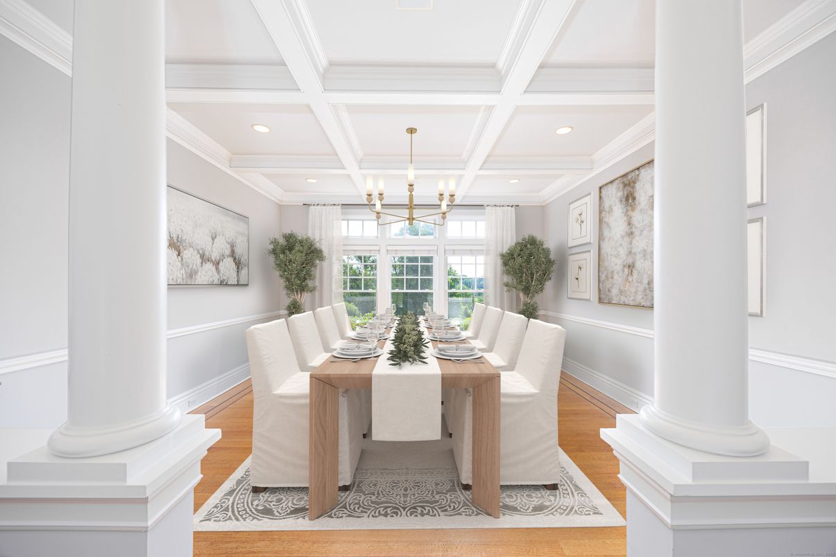Dining room, Interior, Pendant Lights, Recessed Lighting, Wood Texture Flooring