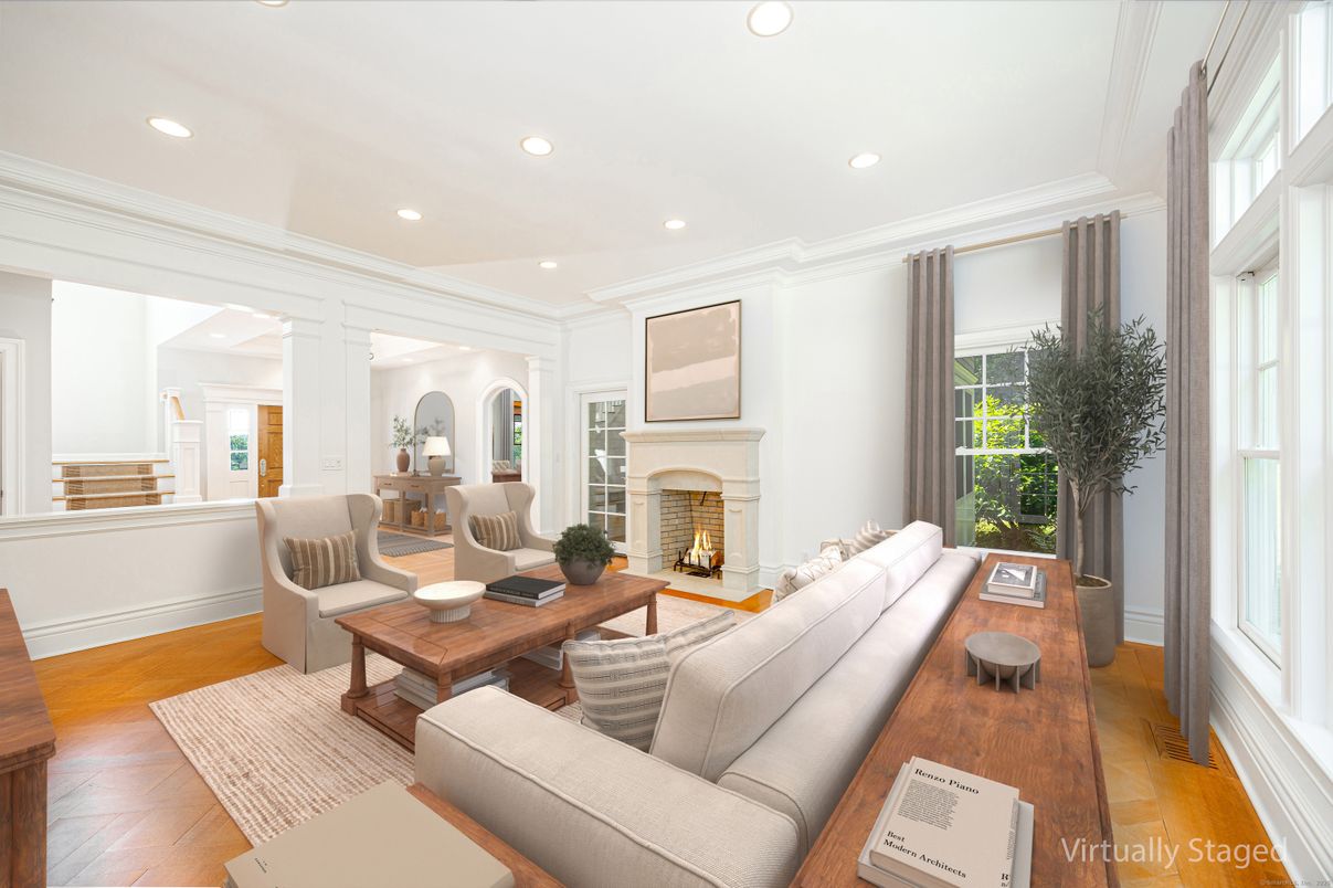 Fireplace, Interior, Living room, Recessed Lighting, Wood Texture Flooring