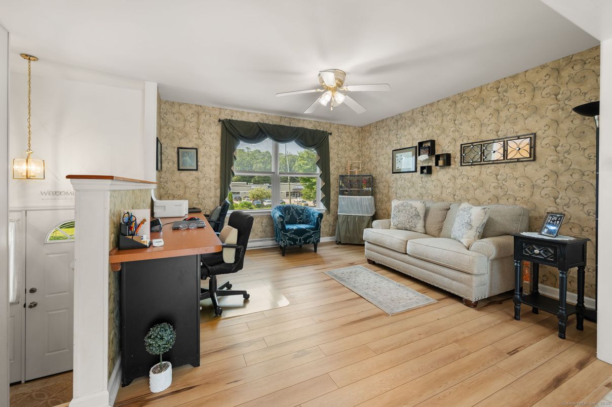 Home Office, Interior, Pendant Lights, Stone Walls, Wood Texture Flooring