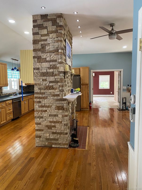 Interior, Kitchen, Recessed Lighting, Stone Walls, Wood Texture Flooring