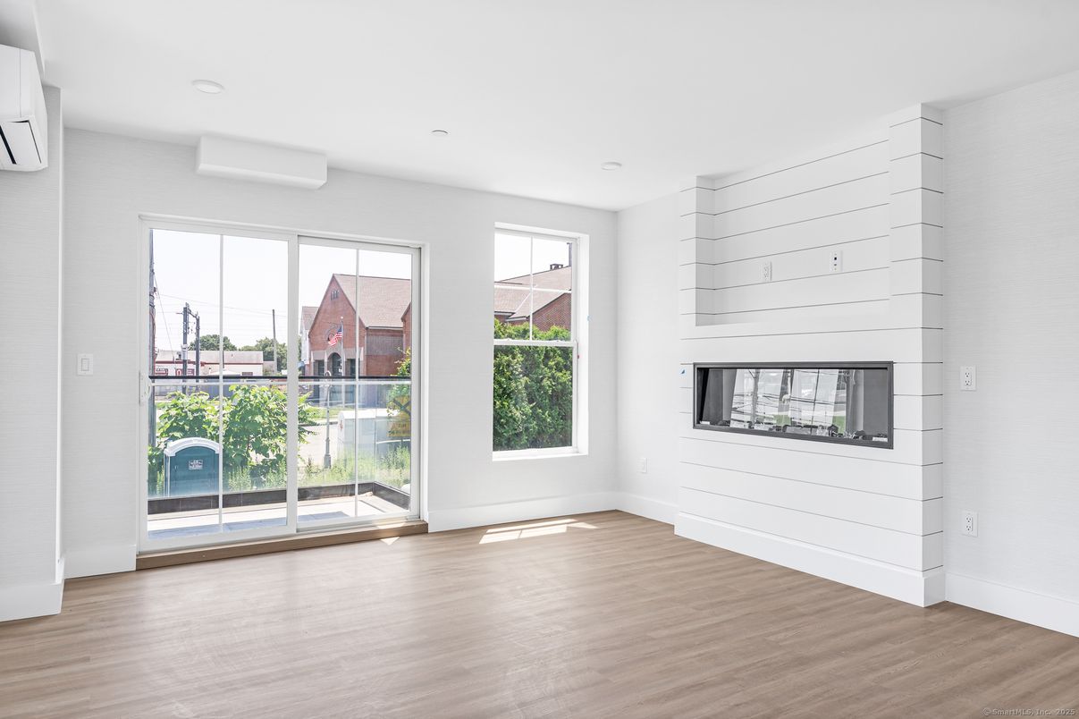 Empty room, Fireplace, Interior, Recessed Lighting, Wood Texture Flooring
