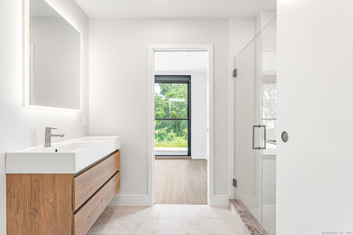 Bathroom, Glass Shower, Interior, Recessed Lighting, Wood Texture Flooring