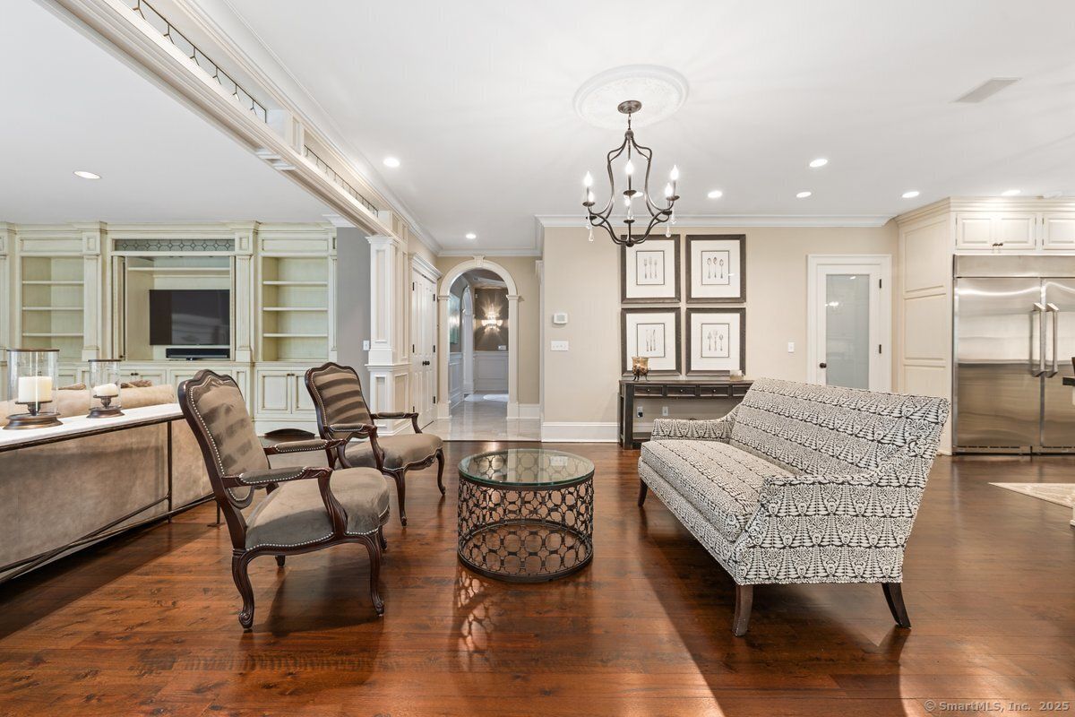 Chandelier, Interior, Living room, Recessed Lighting, Stainless Steel Appliances, Wood Texture Flooring