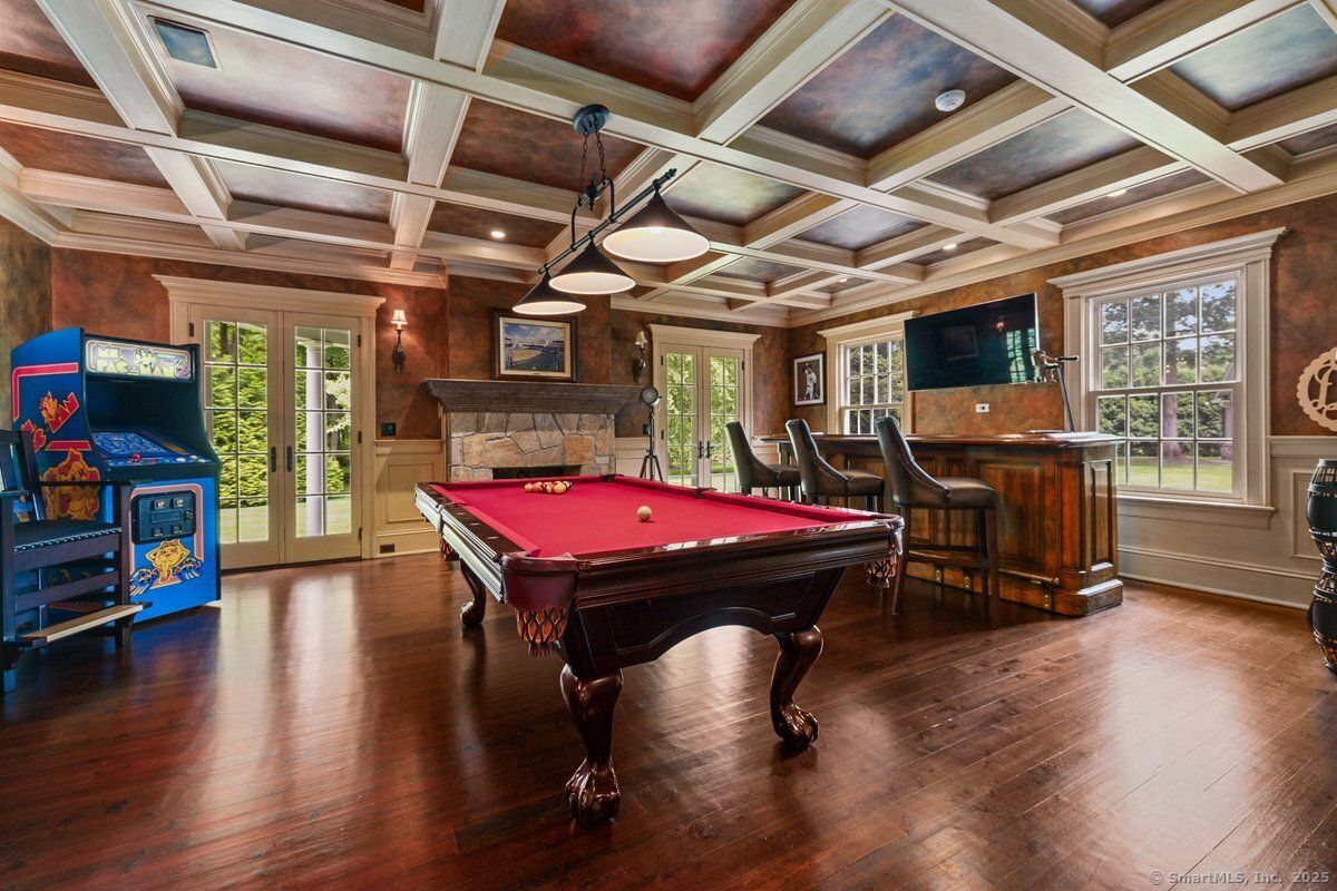 Billiard Table, Fireplace, Game Room, Interior, Pendant Lights, Recessed Lighting, Wood Texture Flooring