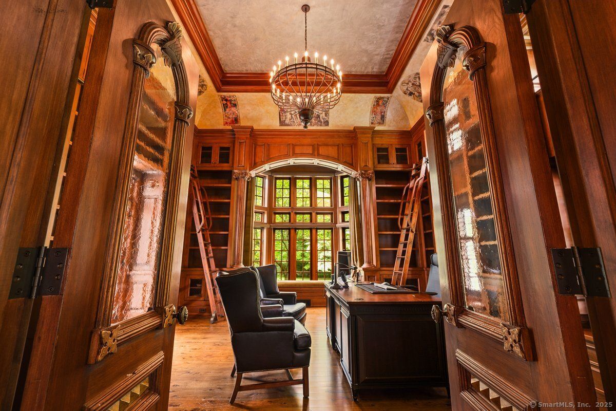 Chandelier, Home Office, Interior, Wood Texture Flooring