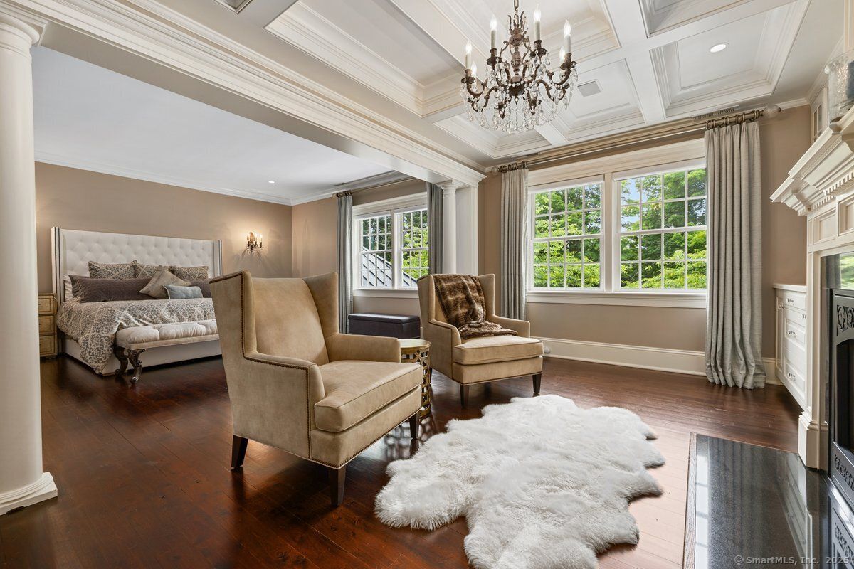 Bedroom, Chandelier, Interior, Recessed Lighting, Wood Texture Flooring