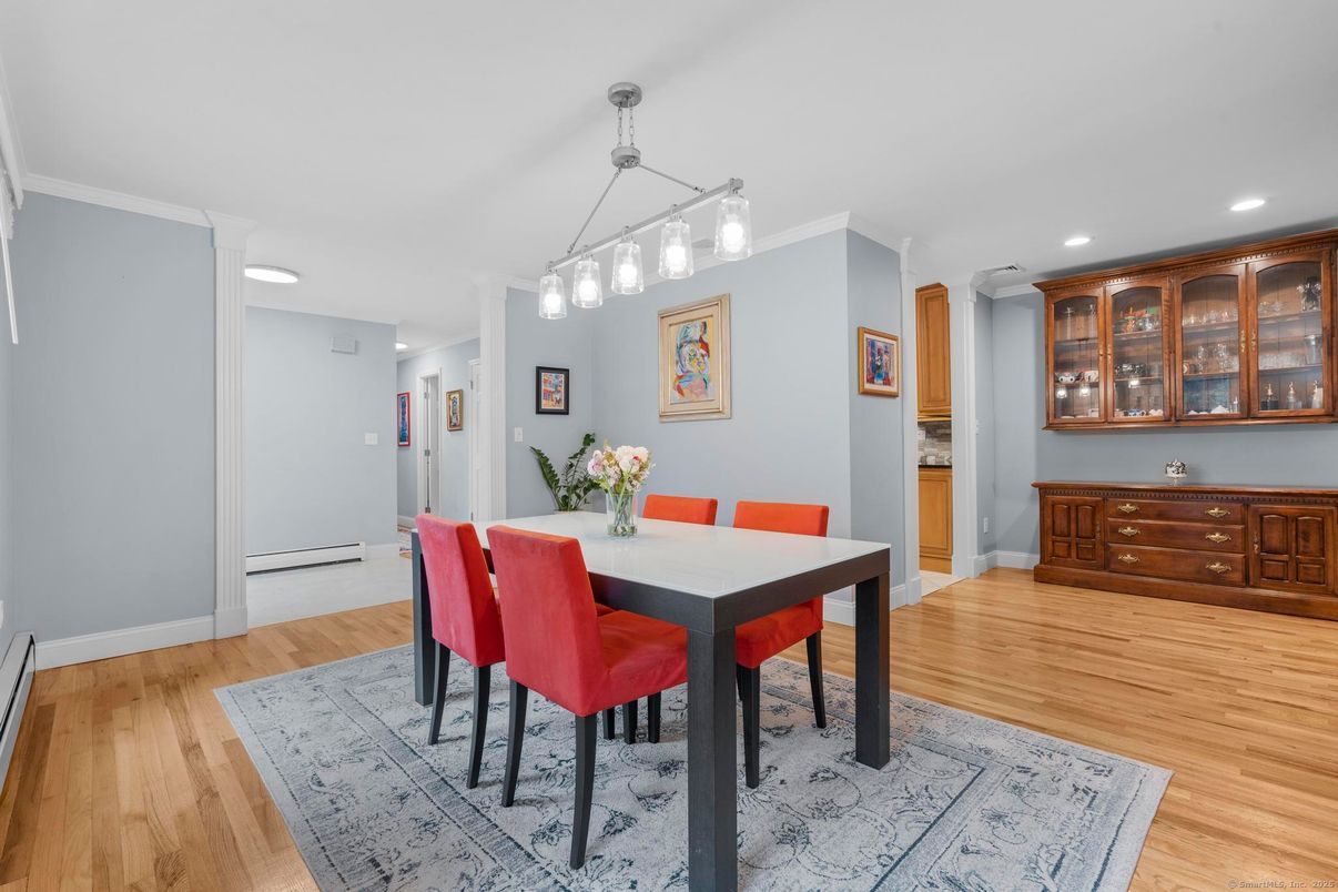 Dining room, Interior, Pendant Lights, Recessed Lighting, Wood Texture Flooring