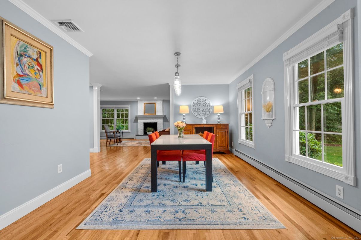 Fireplace, Home Office, Interior, Pendant Lights, Wood Texture Flooring
