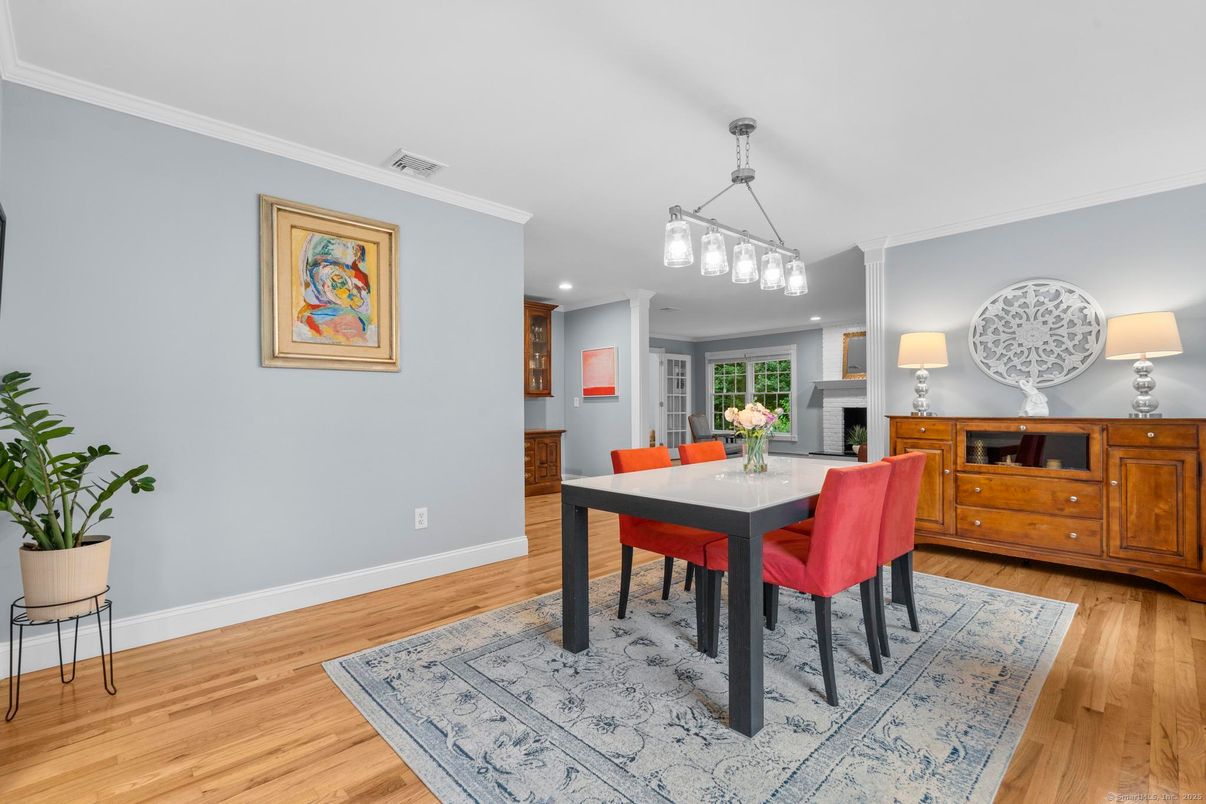 Dining room, Interior, Pendant Lights, Recessed Lighting, Wood Texture Flooring