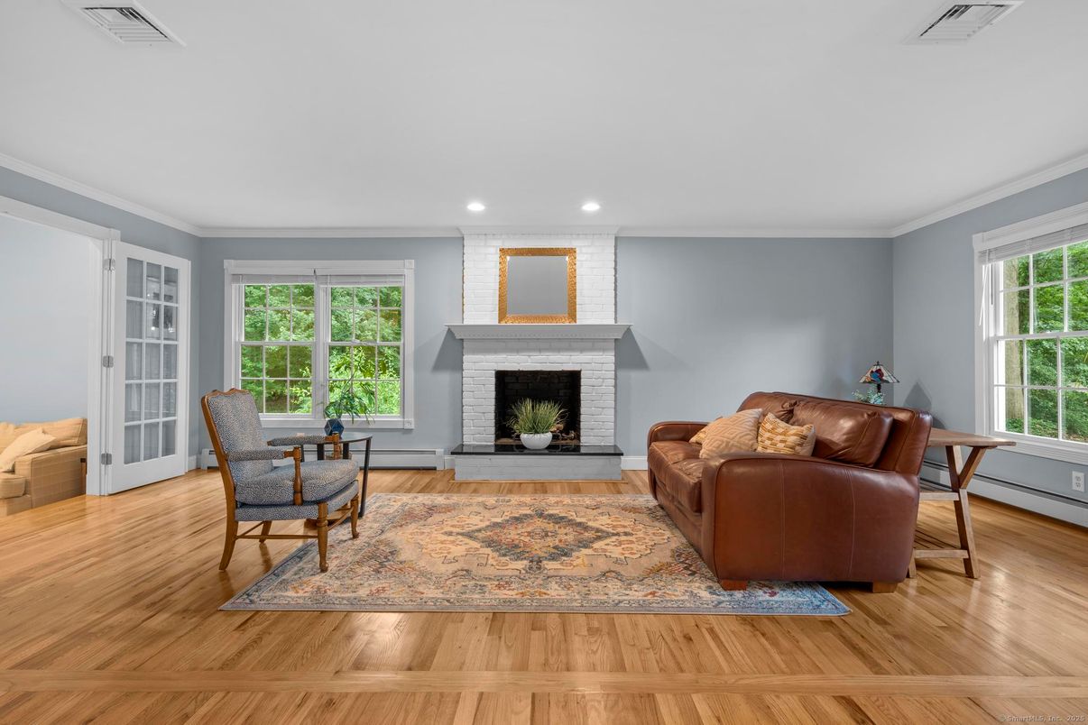 Fireplace, Interior, Living room, Recessed Lighting, Wood Texture Flooring