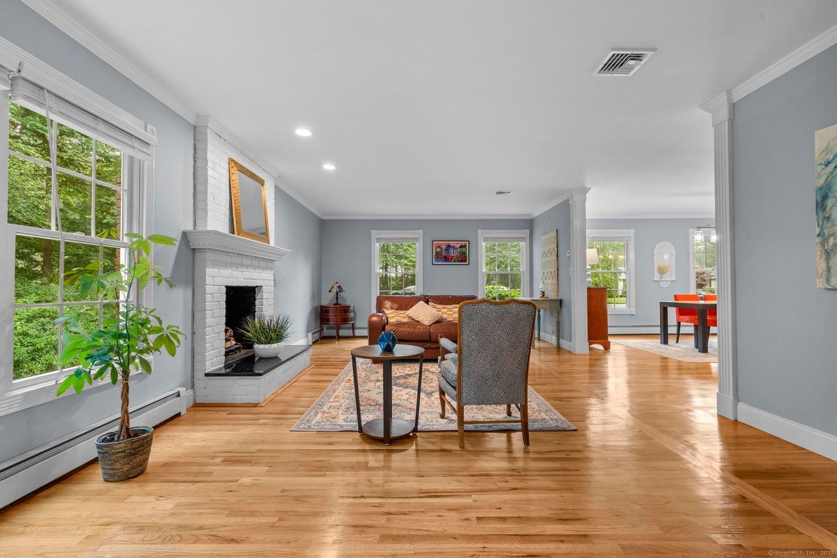 Fireplace, Interior, Living room, Recessed Lighting, Wood Texture Flooring