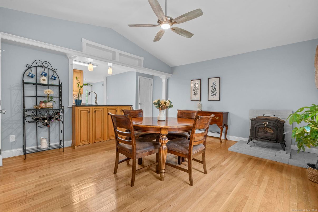 Dining room, Fireplace, Interior, Wood Texture Flooring