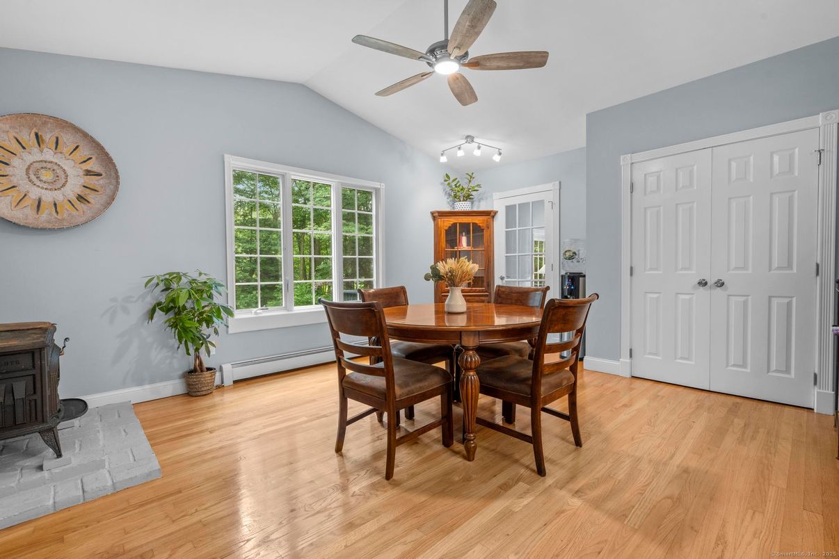 Dining room, Fireplace, Interior, Wood Texture Flooring