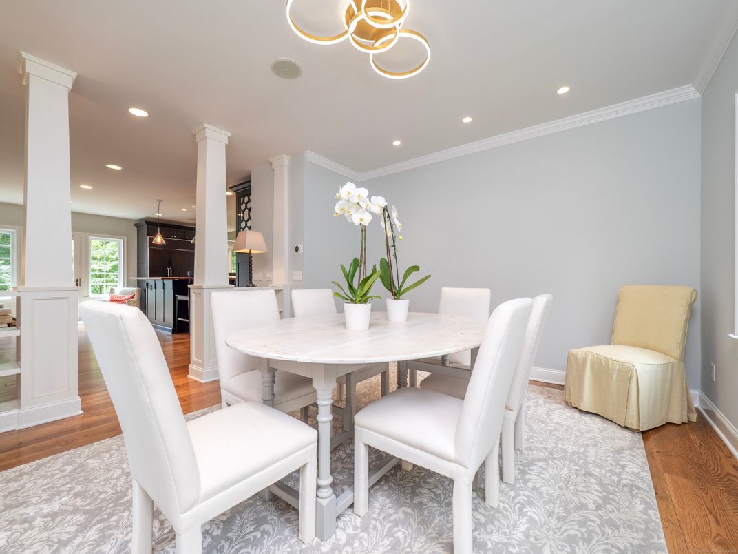 Dining room, Interior, Pendant Lights, Recessed Lighting, Wood Texture Flooring