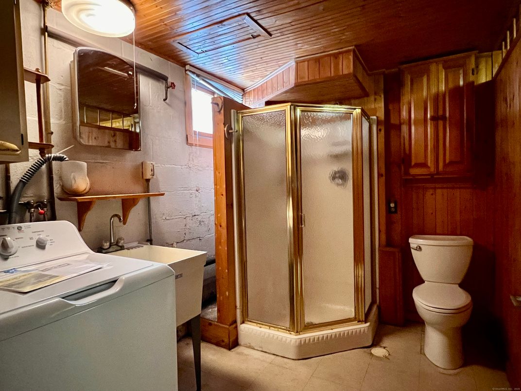 Bathroom, Glass Shower, Interior, Washer, Wooden Ceilings
