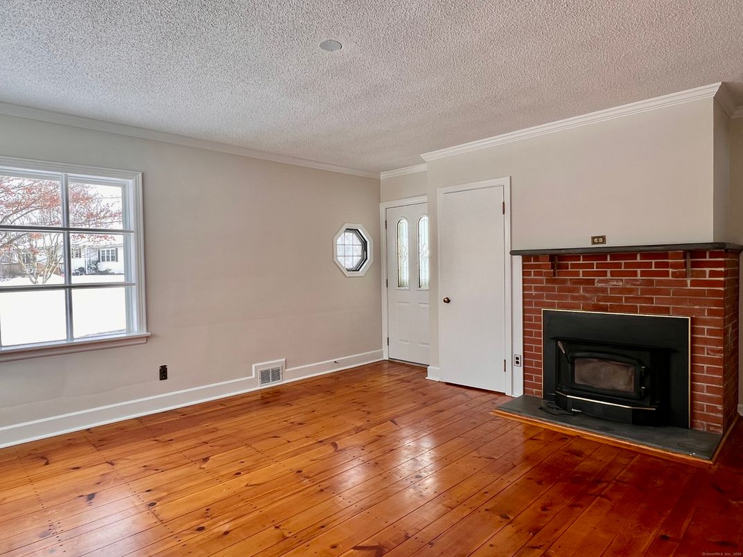 Empty room, Fireplace, Interior, Stone Walls, Wood Texture Flooring