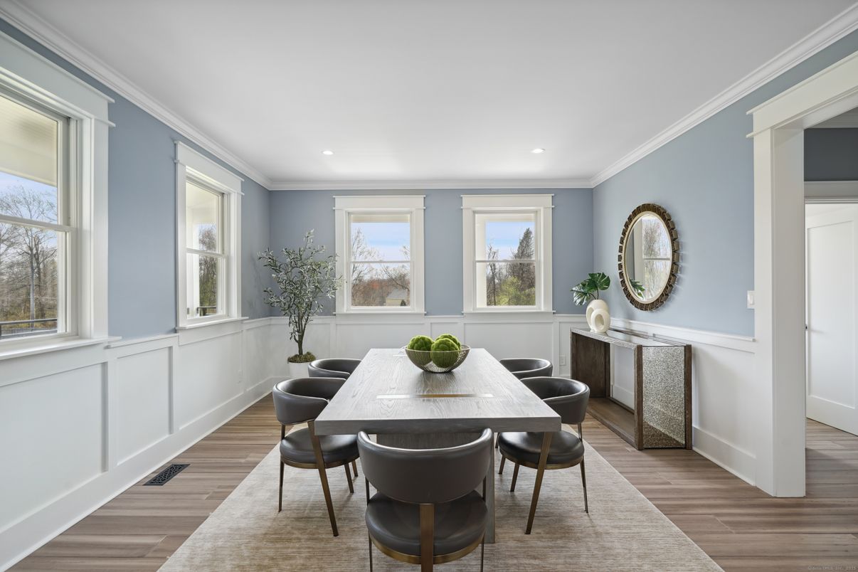 Dining room, Interior, Recessed Lighting, Wood Texture Flooring