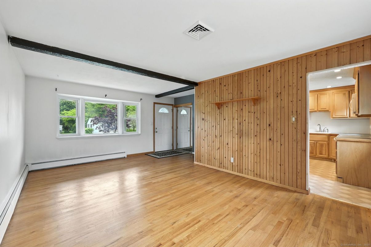 Empty room, Interior, Kitchen, Recessed Lighting, Wood Texture Flooring, Wooden Walls