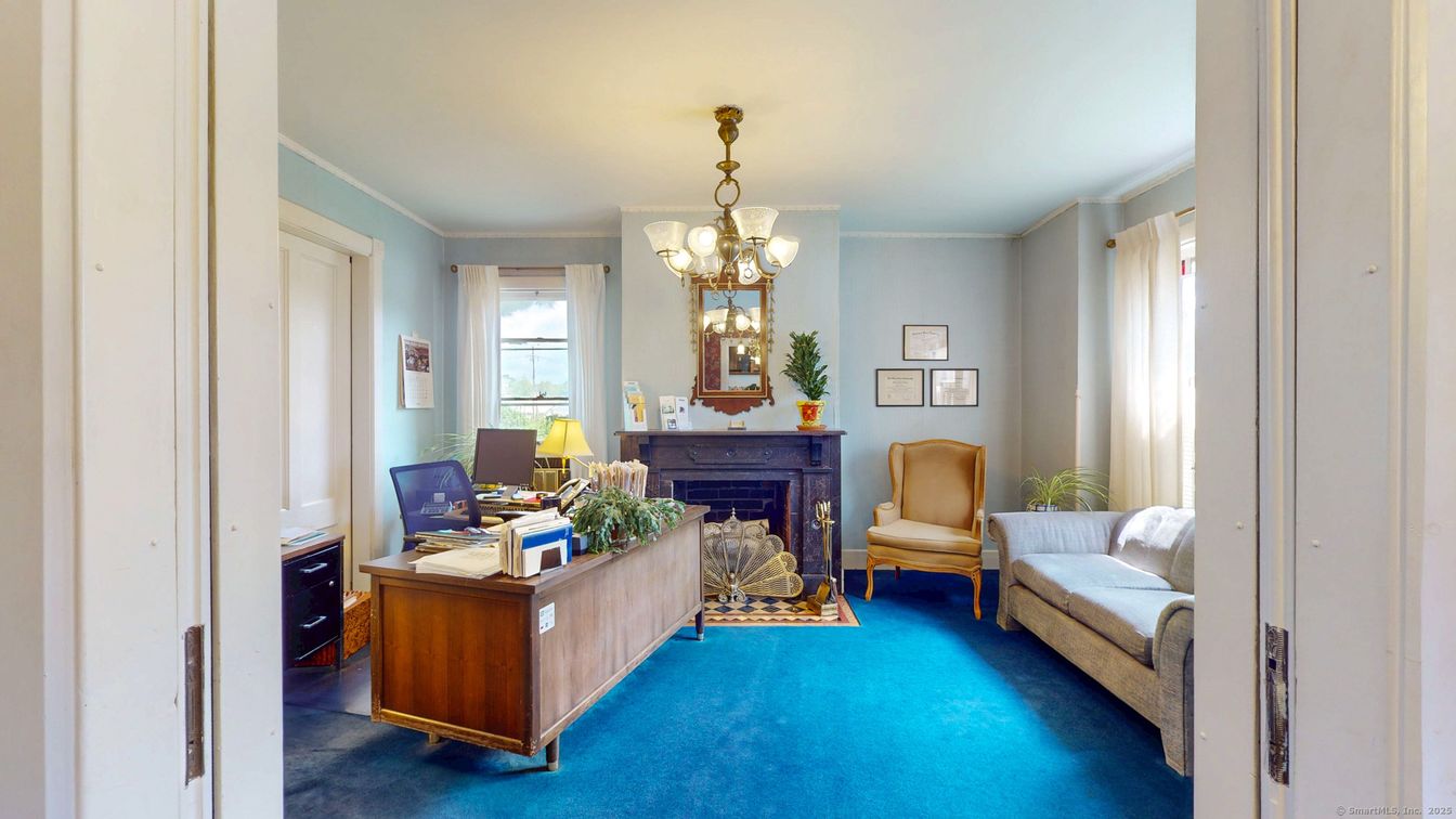 Chandelier, Fireplace, Home Office, Interior