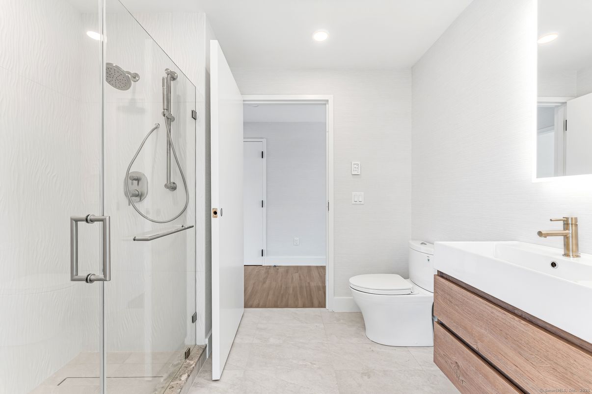 Bathroom, Glass Shower, Interior, Recessed Lighting, Wood Texture Flooring