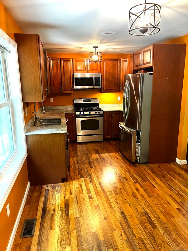 Interior, Kitchen, Pendant Lights, Stainless Steel Appliances, Wood Texture Flooring