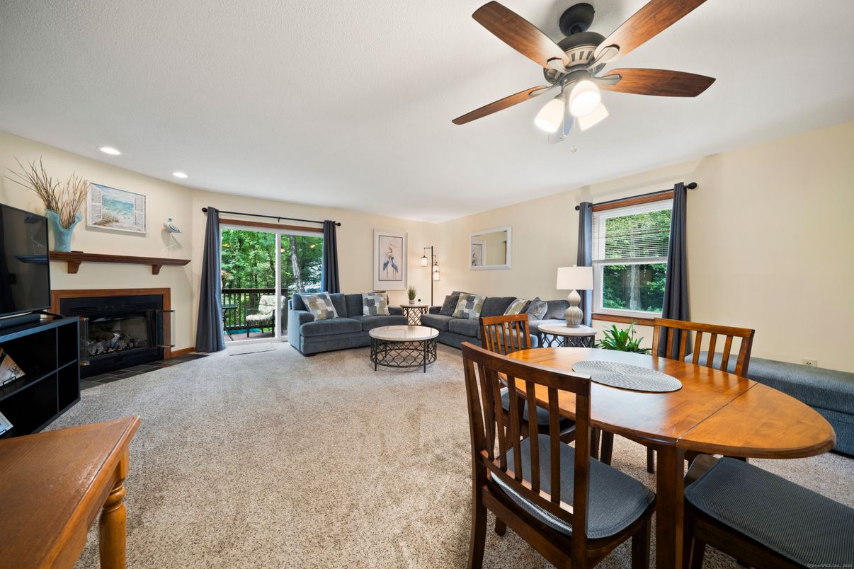 Dining room, Fireplace, Interior, Living room, Recessed Lighting