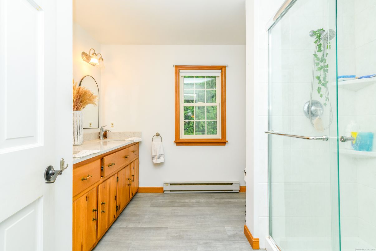 Bathroom, Glass Shower, Interior, Wood Texture Flooring