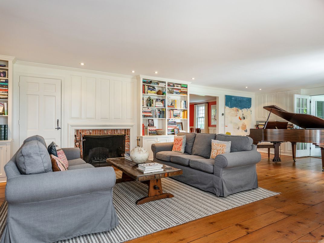Fireplace, Interior, Living room, Piano, Recessed Lighting, Wood Texture Flooring