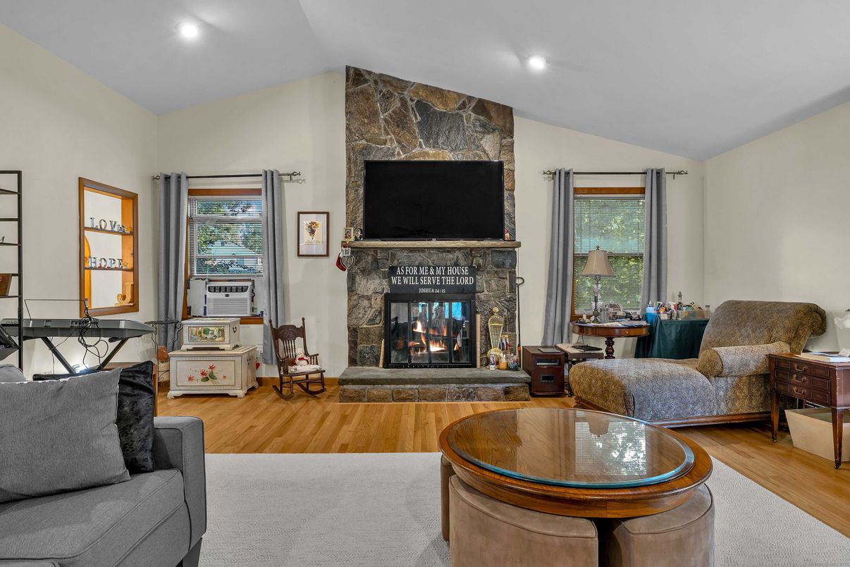 Fireplace, Interior, Living room, Recessed Lighting, Wood Texture Flooring