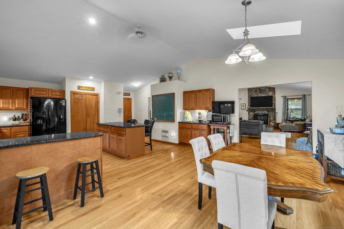 Dining room, Fireplace, Interior, Kitchen, Living room, Pendant Lights, Recessed Lighting, Wood Texture Flooring