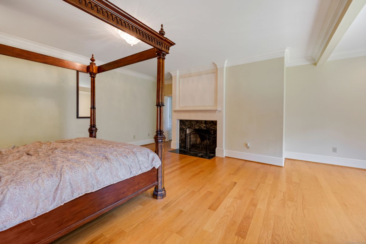 Bedroom, Fireplace, Interior, Wood Texture Flooring