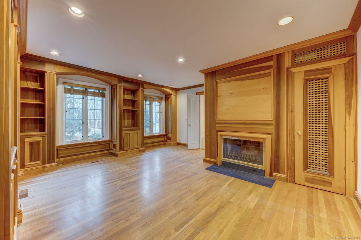 Empty room, Fireplace, Interior, Recessed Lighting, Wood Texture Flooring, Wooden Walls