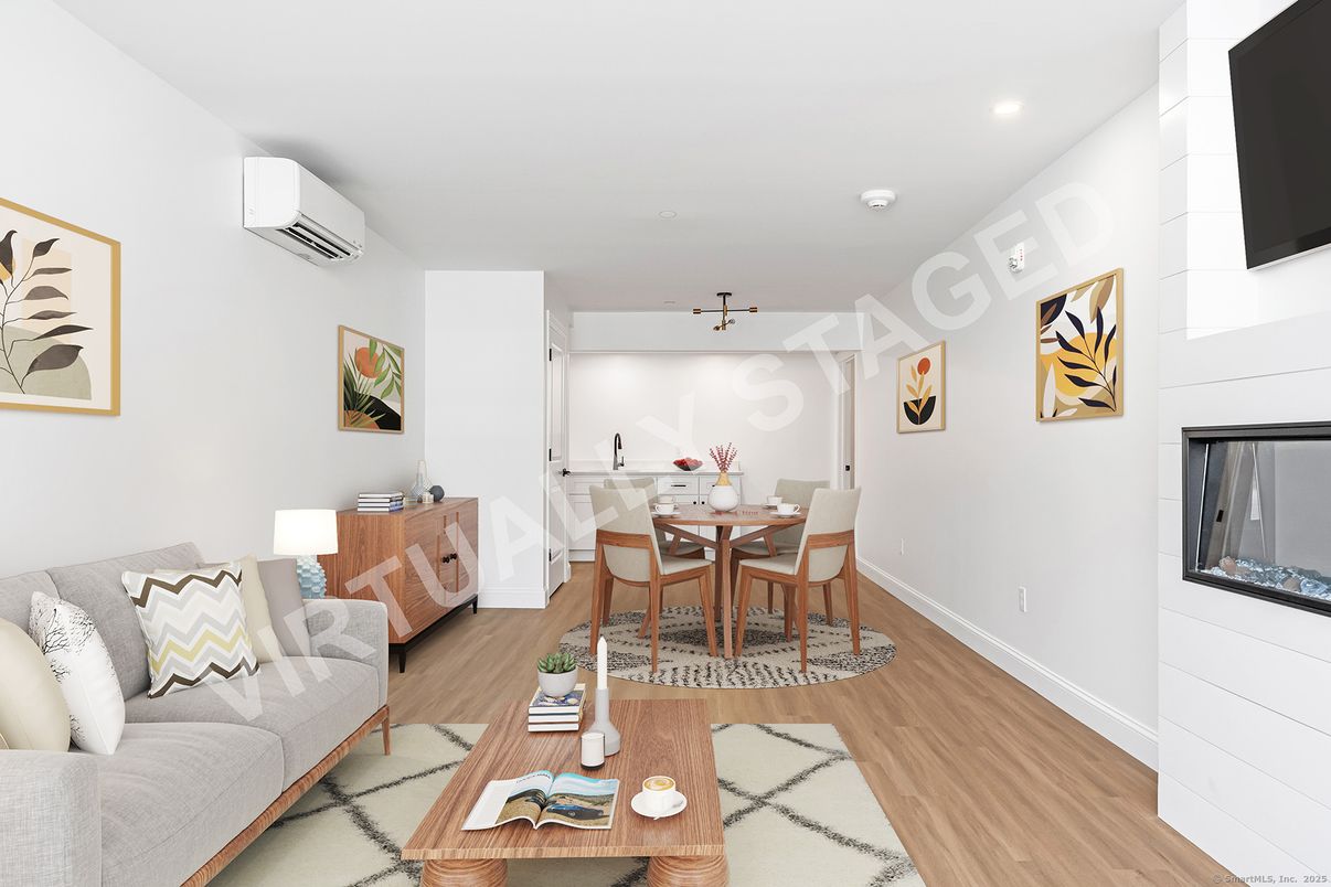 Dining room, Interior, Living room, Recessed Lighting, Wood Texture Flooring