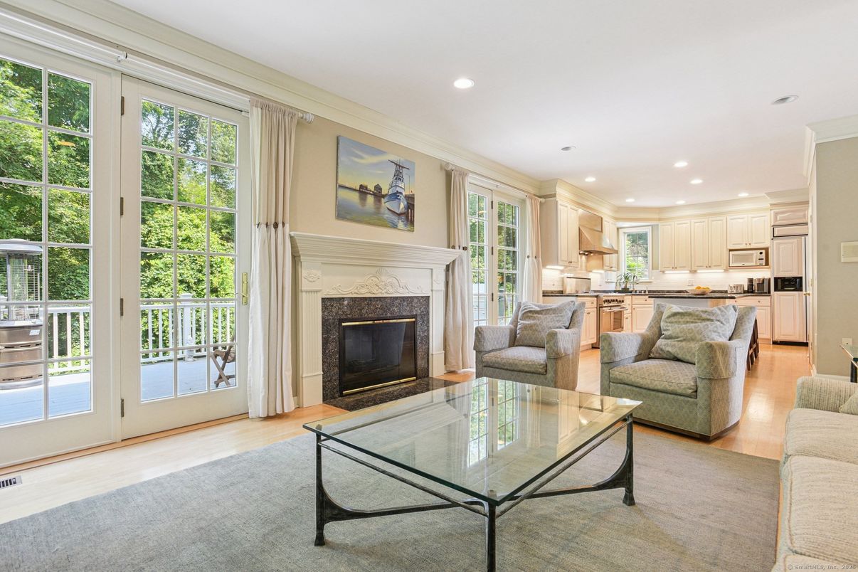 Fireplace, Interior, Kitchen, Living room, Recessed Lighting, Wood Texture Flooring