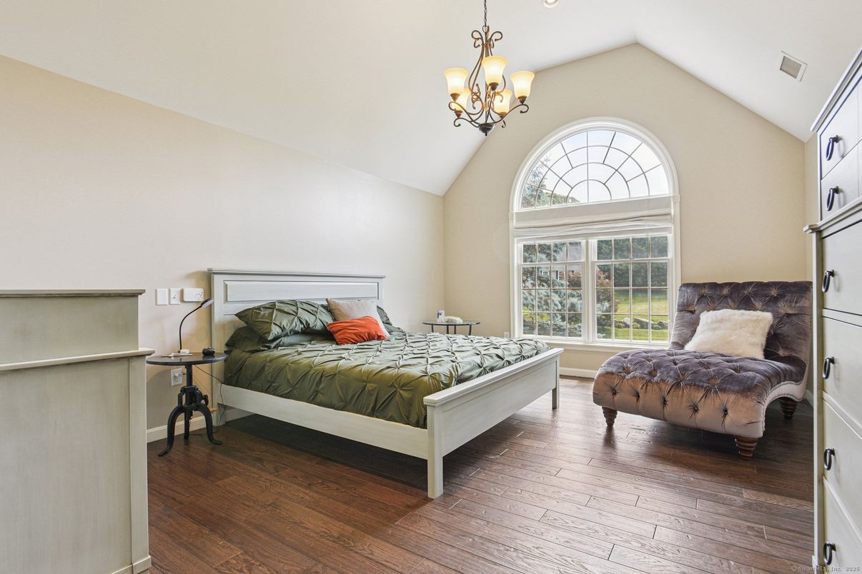 Bedroom, Chandelier, Interior, Recessed Lighting, Wood Texture Flooring