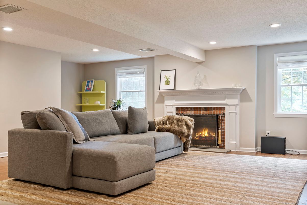 Fireplace, Interior, Living room, Recessed Lighting, Wood Texture Flooring