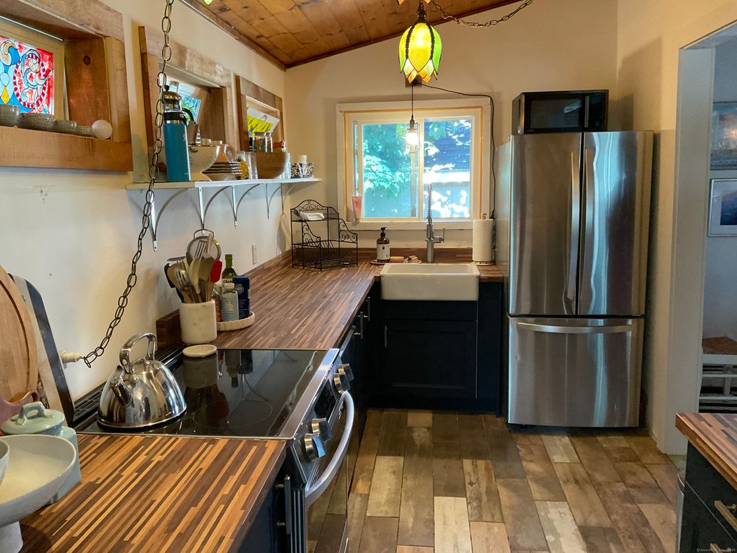 Interior, Kitchen, Pendant Lights, Stainless Steel Appliances, Wooden Ceilings, Wood Texture Flooring