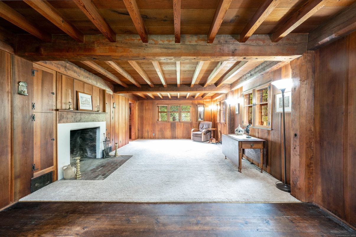 Empty room, Fireplace, Interior, Wooden Beams, Wooden Ceilings, Wood Texture Flooring, Wooden Walls
