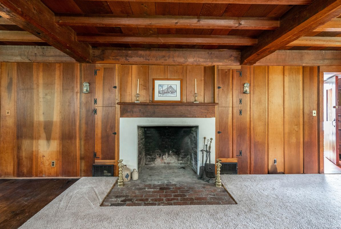 Empty room, Fireplace, Interior, Wooden Beams, Wooden Ceilings, Wood Texture Flooring, Wooden Walls