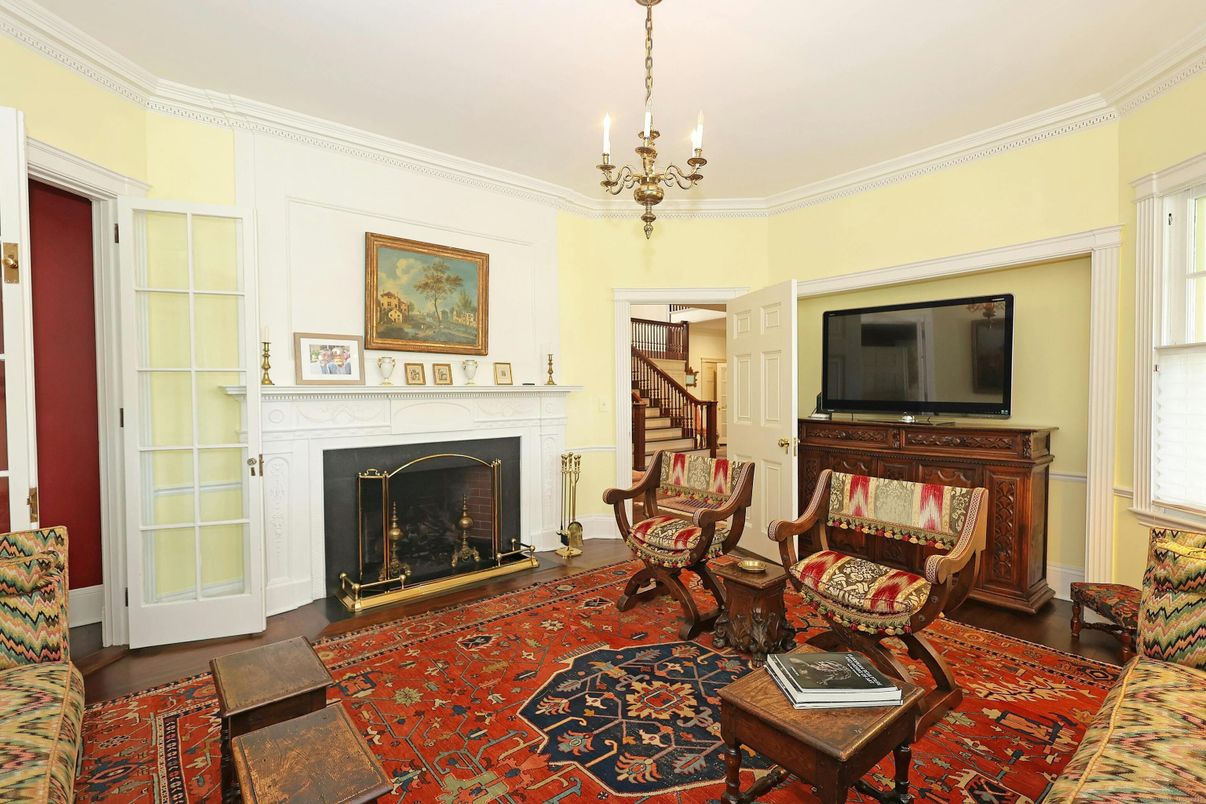 Chandelier, Fireplace, Interior