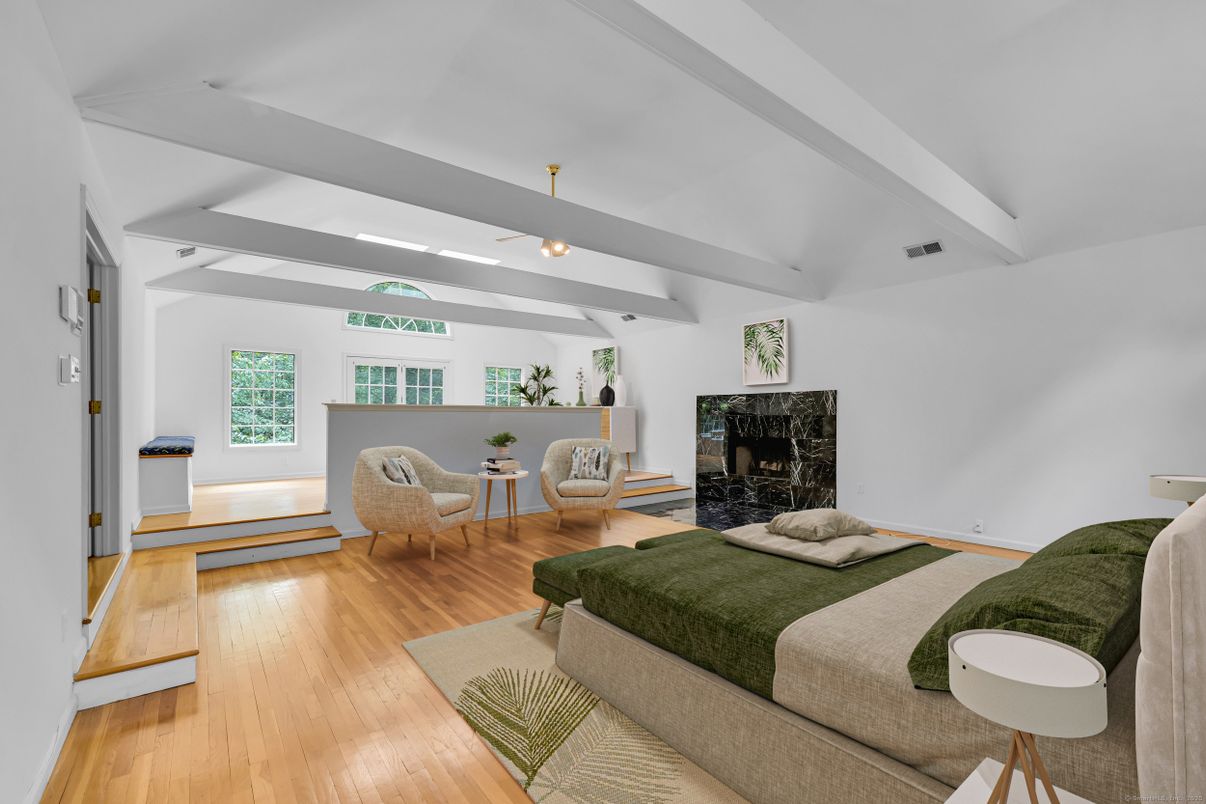Bedroom, Fireplace, Interior, Wood Texture Flooring