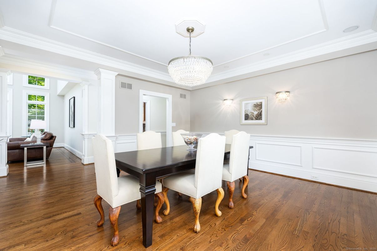 Chandelier, Dining room, Interior, Wood Texture Flooring