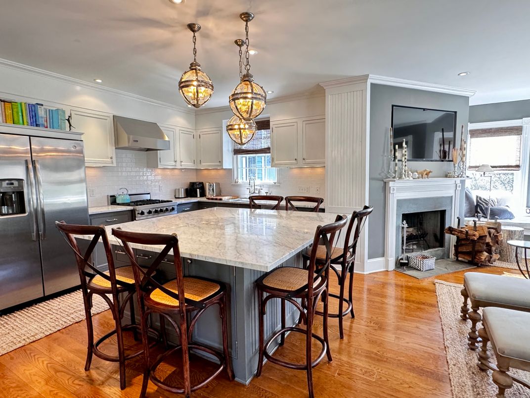 Fireplace, Interior, Kitchen, Pendant Lights, Recessed Lighting, Stainless Steel Appliances, Wood Texture Flooring