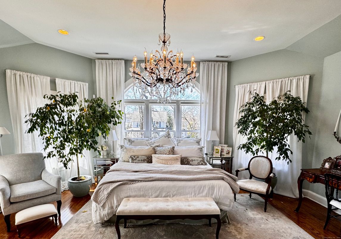 Bedroom, Chandelier, Interior, Recessed Lighting, Wood Texture Flooring
