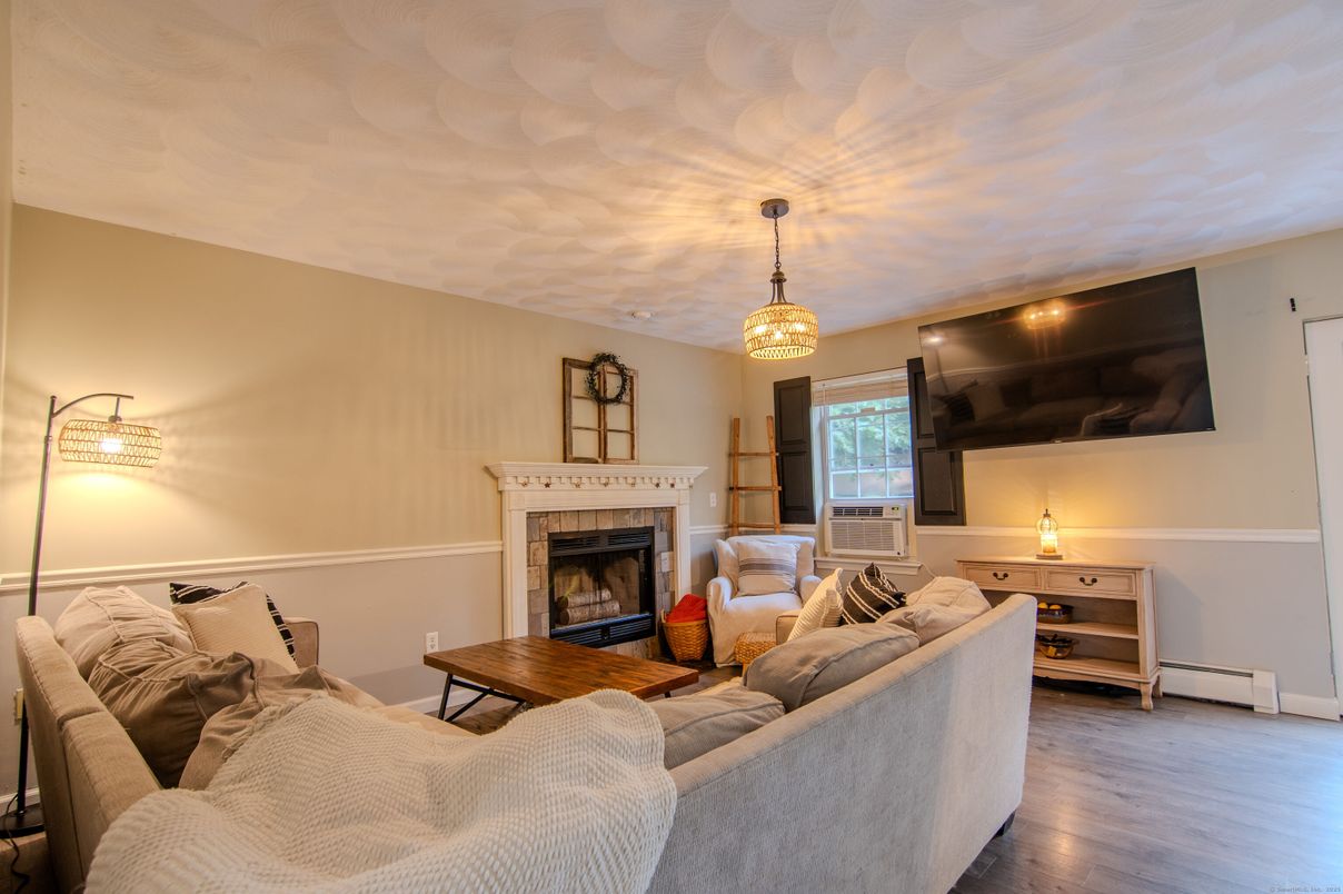 Fireplace, Interior, Living room, Pendant Lights, Wood Texture Flooring