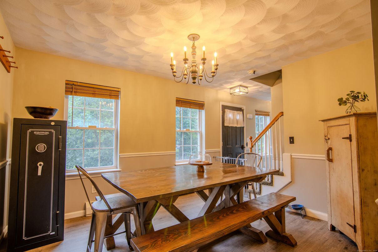 Chandelier, Dining room, Interior, Wood Texture Flooring