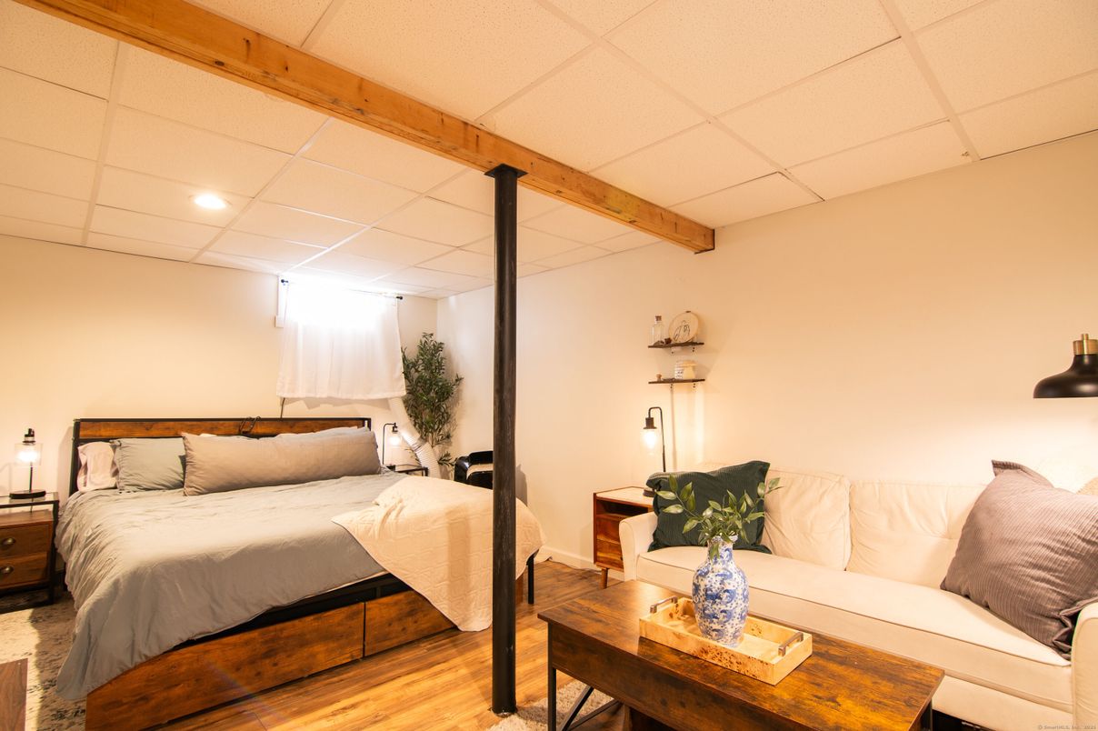 Bedroom, Interior, Recessed Lighting, Wooden Beams, Wood Texture Flooring