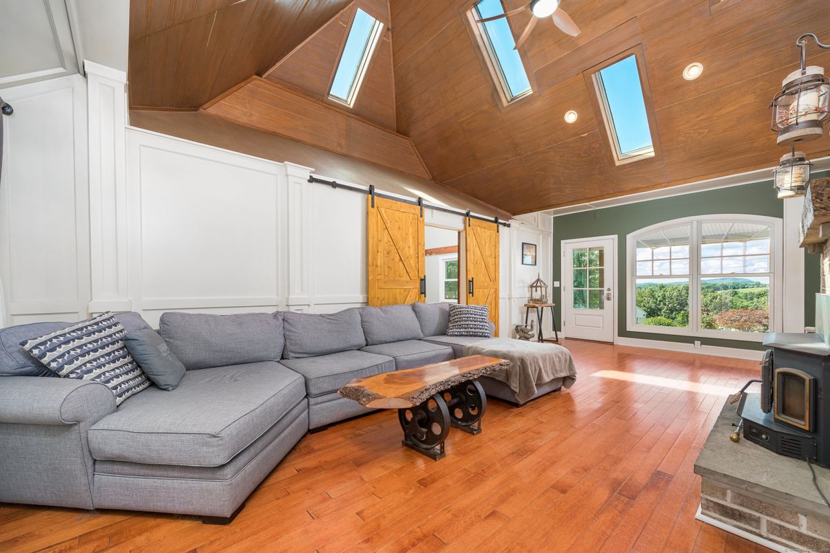 Fireplace, Interior, Living room, Recessed Lighting, Wooden Ceilings, Wood Texture Flooring
