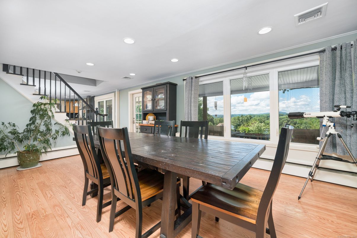 Dining room, Interior, Recessed Lighting, Wood Texture Flooring