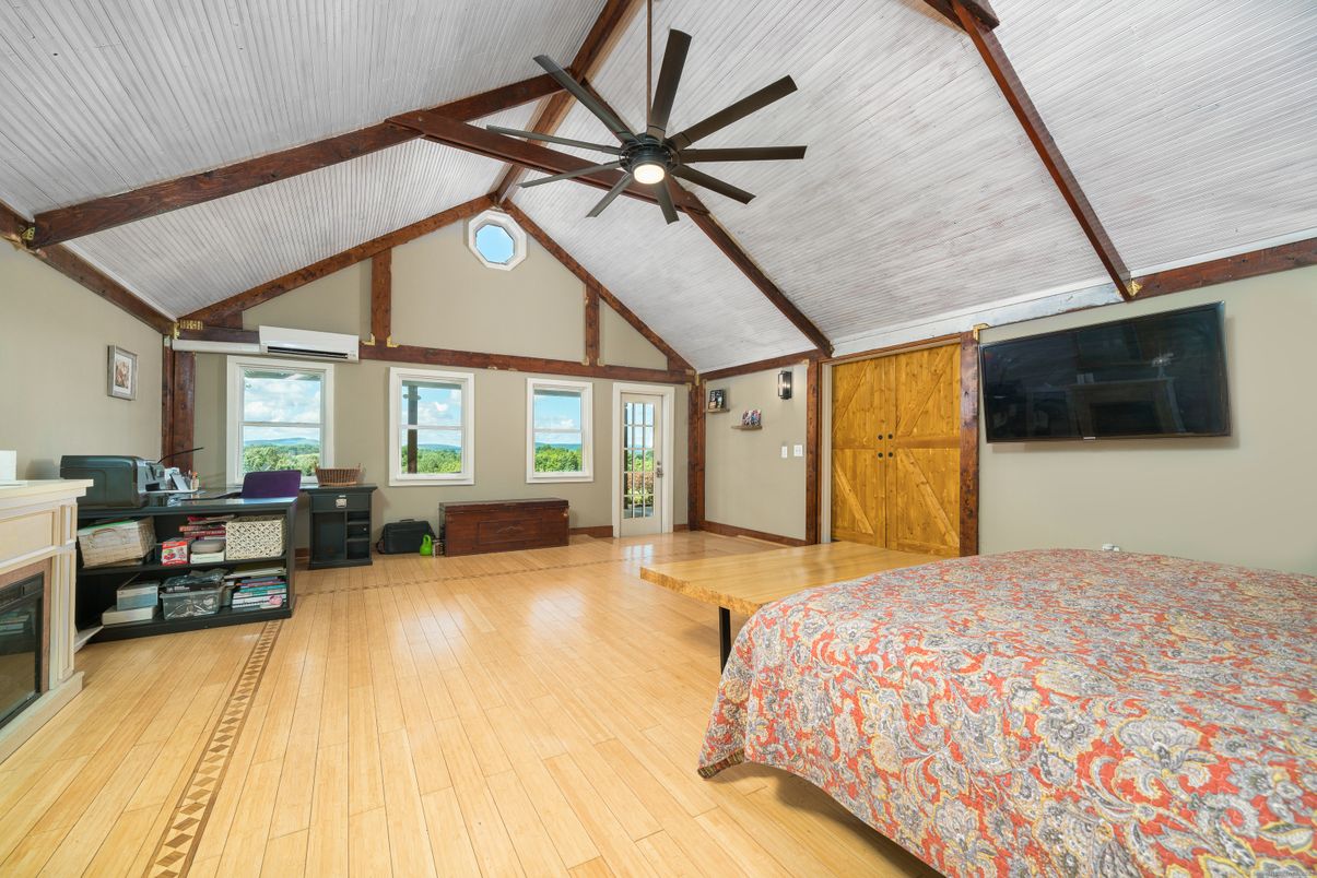 Bedroom, Fireplace, Interior, Wooden Beams, Wood Texture Flooring